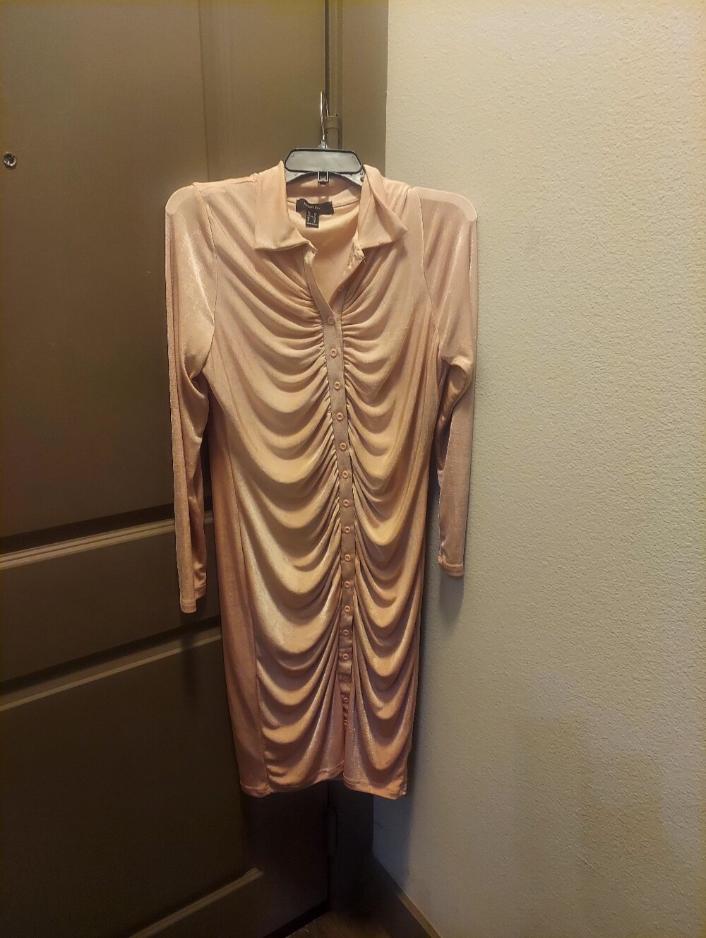 Forever 21 Blush Ruched Button-Front Long Sleeve Dress